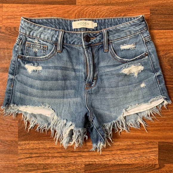 Hidden LA High Rise Stretch Frayed Hem Distressed Denim Jean Shorts XS - Picture 1 of 6